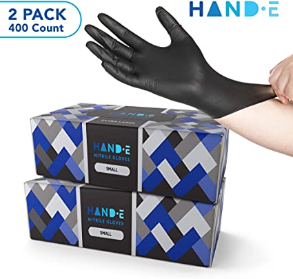 Hand-E Disposable Black Nitrile Gloves Small - 400 Count - Heavy Duty 5 Grams Thick Industrial Grade - Powder Free, Latex Free, Textured Grip, Extra Length Cuff - BBQ, Hot Food Prep, Cleaning