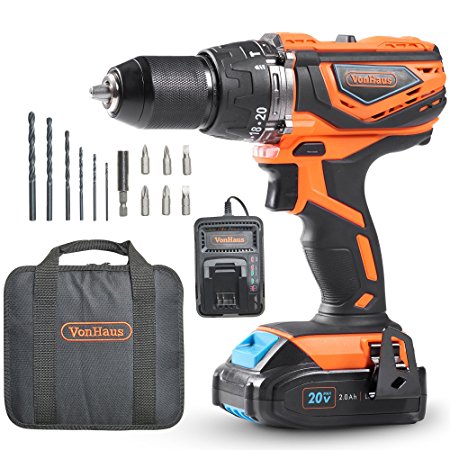 VonHaus Cordless Drill Driver with 2.0Ah Li-ion 20V MAX Battery, Charger, 13pc Bit Set & Power Tool Bag – Hammer Function, LED Work Light and Variable Speed Trigger (13mm Metal Alloy Chuck, 38Nm)