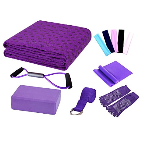 niceEshop(TM) Yoga Starter Kit - 7 Piece Essentials Beginners Bundle Include Yoga Towel,Yoga Blocks,Yoga Strap,Stretch Band,Yoga Sock,Yoga Head Band,Spring Cable (Kit--Purple)