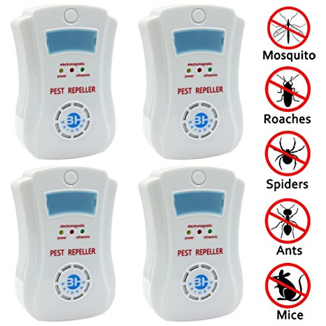 Set of 4 Ultrasonic Pest Control for Rodents, Mice, Rats, Insects, Roaches, Spiders, Flies, Ants, Bugs - Pest Repeller Equipment, Uses the Latest Ultrasonic Technology [with Night Light]