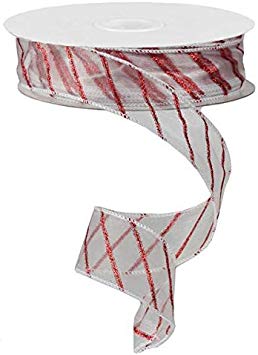 Red Glitter Stripe Sheer Ribbon – 1 1/2” x 50 Yards, White Wired Edge Vintage Ribbon for Crafts, Christmas, Decorations for Wedding, Garland, Wreath, Anniversary, Gift Bow, Boxing Day