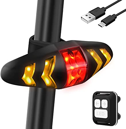 Bike Tail Light with Turn Signals, Ultra Bright USB Rechargeable Bicycle Tail Lights, Rear Cycling Safety Warning Light LED Accessories with Remote Control 4 Light Mode for All Road Bikes, Helmets