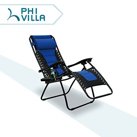 PHI VILLA Padded Zero Gravity Lounge Chair Patio Foldable Adjustable Reclining with Cup Holder for Outdoor Yard Porch Blue