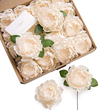Ling's moment 16pcs 4" Cream Blooming Peonies Real Touch Artificial Peonies Flower Real Looking Fake Peony w/Stem DIY Wedding Bouquet Centerpieces Reception Arrangements Party Baby Shower Home Décor