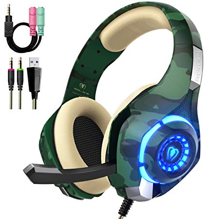 Beexcellent Gaming Headset for PS4 PC Xbox one, Stereo Sound Over Ear Headphones with Noise Reduction Microphone Volume Control and LED Light for Laptop Tablet Mac (Green)