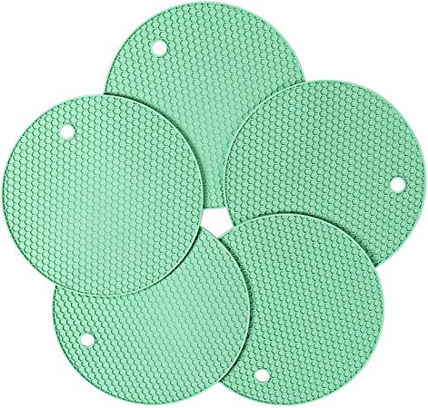 Thanksgiving Day Gift, Silicone Pot Holder and Oven Mitts, Multipurpose Non-slip Insulation Honeycomb Rubber Hot Pads Trivet, Heat Resistant Antislip Place Mat, Pack of 5 (Light Green)