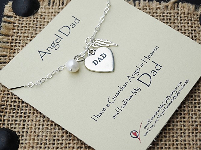 Memorial Jewelry, Sterling Silver Memorial Necklace, Loss of Dad Heart, Angel Wing, Sympathy Gift