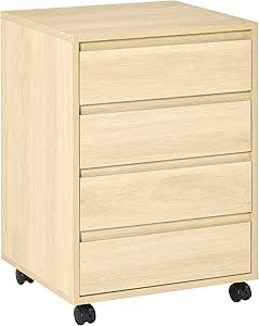 HOMCOM Rollcontainer Aktenschrank Büroschrank mit 4 Schubladen Lagerschrank Aufbewahrung Container Natur 46 x 40 x 65 cm