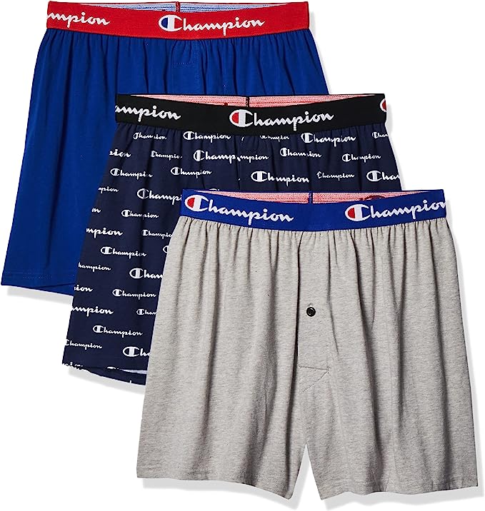 Champion Men's Cotton Stretch Boxer 3 Pack, Blue Script Logo/Oxford Grey Heather/Surf The Web Blue, Medium