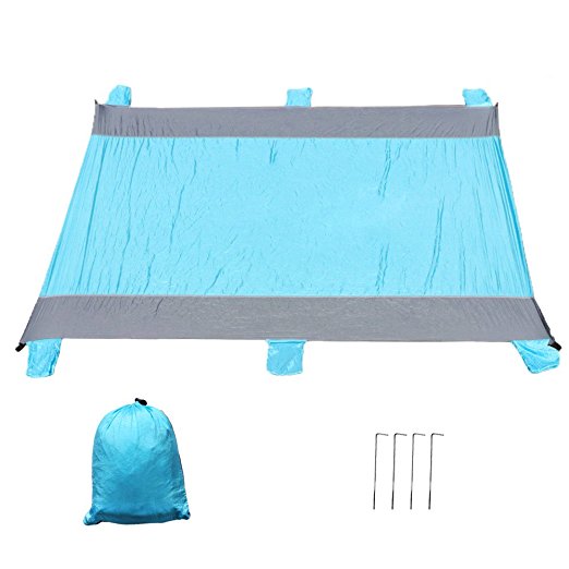 Beach Blanket - Sand Proof Compact Lightweight Portable Large Waterproof Parachute Nylon Beach Mat, Oversized 10’x9’, Includes 4 Aluminium stakes