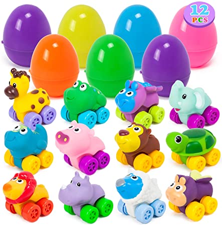 YIHONG 12 Pack Easter Eggs Prefilled with Cartoon Cars, 3.8Inch Large Surprise Eggs Filled Toys for Kids Easter Hunt,Easter Party Favor,Classroon Event