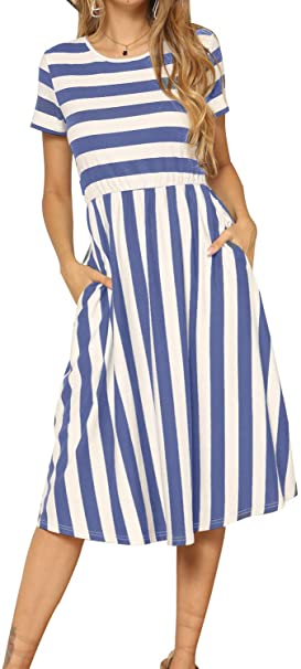 levaca Women's Casual Short Sleeve Striped Swing Midi Dress with Pockets