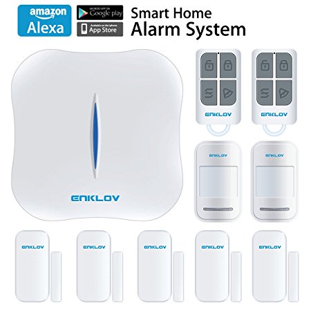 ENKLOV WiFi/PSTN DIY Home Security Alarm System Kit with 5 Door/Window Sensor,2 PIR Motion Sensor,2 Remote Tag,Works with Alexa and MIPC Security Camera, Upgraded App Remotely Control(IOS&Android)