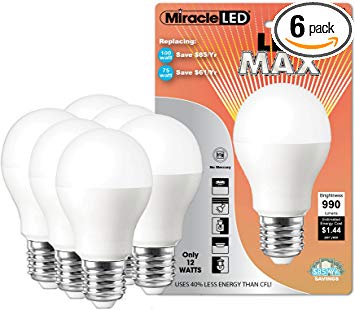 Miracle LED MAX, Replaces 100W Household Bulbs, Outperforms Floods in 9-20' Tall Ceilings, Soft White, 6 Pack (604719)