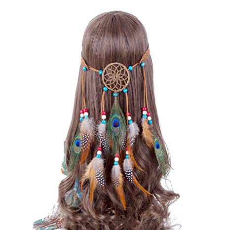 Hippie Headband Feather Dreamcatcher Headdress - AWAYTR New Fashion Boho Headwear Native American Headpiece Hippie Clothes Peacock Feather Hair Accessories (Beige)