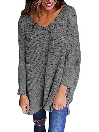 Exlura Women's Oversized Knitted Sweater Long Sleeve V-Neck Loose Top Jumper Pullovers