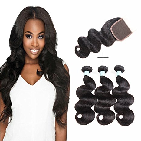 SiJiMei 16 18 20 with 14Inch Brazilian Hair Body Wave Bundles with Lace Closure Virgin Hair Weave 3 Bundles with Closure 100% 8A Human Hair Bundles with 4×4 Free Part Lace Closure Natural Color