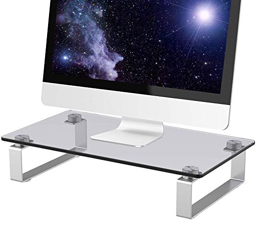 HUANUO Glass Monitor Stand Riser with Anti Slip Legs, Tempered Glass Premium Ergonomic Screen Holder Suitable for LED LCD TV Monitor, Notebook, Computer up to 20KG