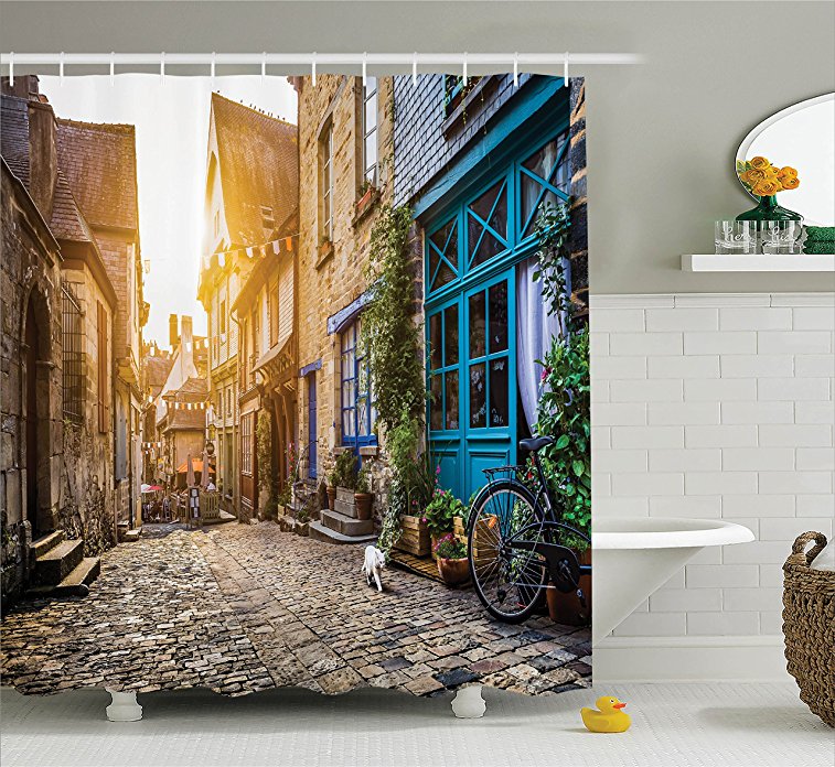 Ambesonne Wanderlust Decor Collection, Old Town In Europe At Sunset Retro Vintage Coffee Shop Blossoms Cat Alleyway, Polyester Fabric Bathroom Shower Curtain, 84 Inches Extra Long, Blue Ivory Green