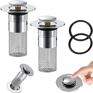 2 Pcs Universal Bathroom Sink Stopper,Brass Bullet Core Bathroom Sink Drain Strainer，Pop Up Sink Drain Filter with Removable Stainless Steel Filter Basket Hair Catcher