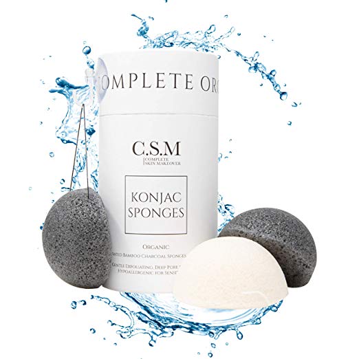 CSM Organic Konjac Sponges 3-Pack for Gentle Exfoliating - Facial Sponges with Premium Activated Bamboo Charcoal to Cleanse Pores, Remove Impurities, Exfoliation - 2 Black Charcoal, 1 White Natural