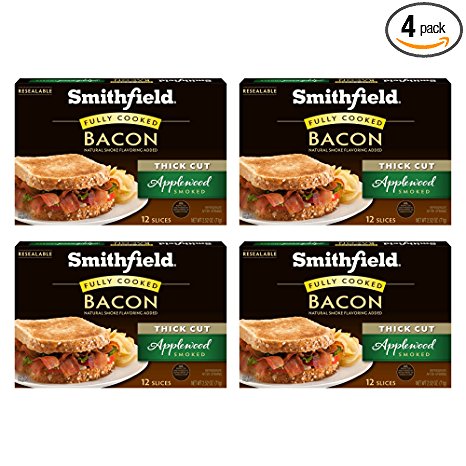 Smithfield Applewood Smoked Bacon, Fully Cooked, Ready-to-Eat, 12 thick cut slices, 4 pack