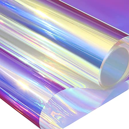 Holographic Clear Window Film Iridescent Window Dichroic Film Decorative Glass Sticker Self-Adhesive Iridescent Cellophane Roll 16 x 100 Inches