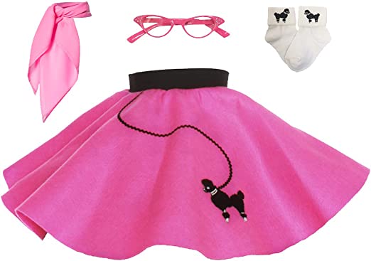 1950s Toddler Poodle Skirt with Scarf, Bobby Socks, and Glasses, 4 Piece Halloween or Pretend Play Costume Set