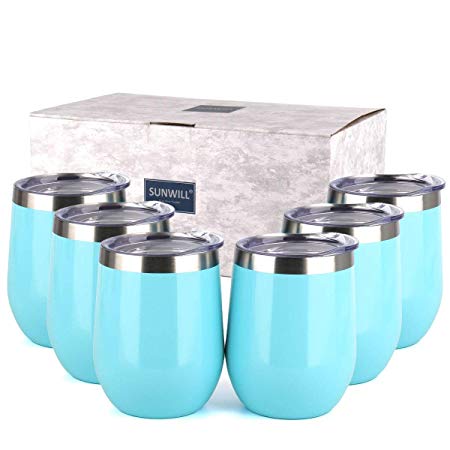 SUNWILL Insulated Wine Tumbler with Lid Seafoam Blue 6 pack, Double Wall Stainless Steel Stemless Insulated Wine Glass 12oz, Durable Insulated Coffee Mug, for Champaign, Cocktail, Beer, Office