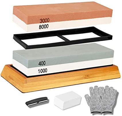 K Kwokker Sharpening Stone Set, 2 in 1 Whetstone for Professional Sharp Knives Grit 400/1000 3000/8000 with Non-Slip Bamboo Base, Silicon Holder, Angle Guide, Fixing Stone & Cut-Resistant Gloves
