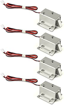 QWORK Electromagnetic Solenoid Lock, 4 Pcs Mini Door Drawer Tongue Down DC 12V Slim Design Assembly for Cabinet Door Drawer Safety Lock