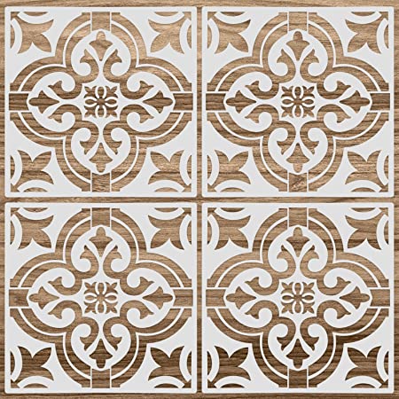 4 Pieces Reusable Tile Stencil 12 x 12 Inches Wall Templates Tile Pattern Stencil Drawing Templates for DIY Scrapbooks Wall Floor Home Decors (Mandala Style)