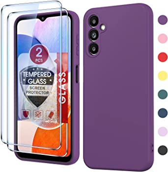 LeYi Samsung A14 Case, Samsung Galaxy A14 5G Case with 2 Pack Tempered Glass Screen Protector for Women Men, Liquid Silicone Slim Silky-Soft Protective Case Cover for Galaxy A14 5G, Red Purple