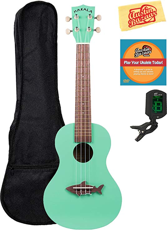 Kala MK-CS-GRN Makala Shark Concert Ukulele - Surf Green Bundle with Gig Bag, Tuner, Austin Bazaar Instructional DVD, and Polishing Cloth