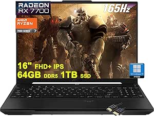 ASUS TUF Gaming A16 Laptop | 16" FHD+ 165Hz 100% sRGB | AMD 8-core Ryzen 7 7735HS | 64GB DDR5 1TB SSD | Radeon RX7700S 8GB Graphic (&gt;RTX4060) | Backlit USB-C USB4 Win11Pro Black + HDMI Cable