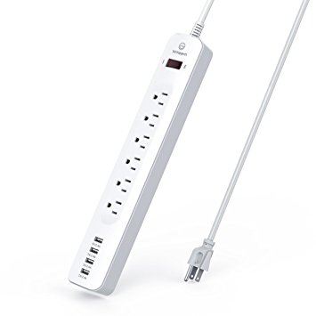 Witeem Surge Protector Power Strip 6 AC Outlets and 4 USB Charging Ports with 6 Feet Extension Cord for Home / Office -White