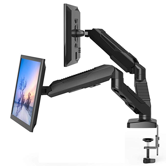 Dual Monitor Stand - Monitor Desk Mount with Swivel & Tilt , Adjustable Monitor Riser with Grommet Installation , C Clamp , Cable Management , Gas Spring Monitor Arms for 15 to 27 inch LCD Screens