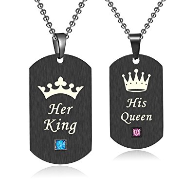 His & Hers Matching Set Titanium Stainless Steel His Queen Her King Couple Pendant Necklace in a Gift Box