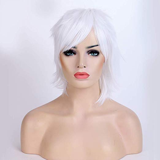 Short Fluffy Anime Wig For Women and Men Unisex Halloween Costume Wig white