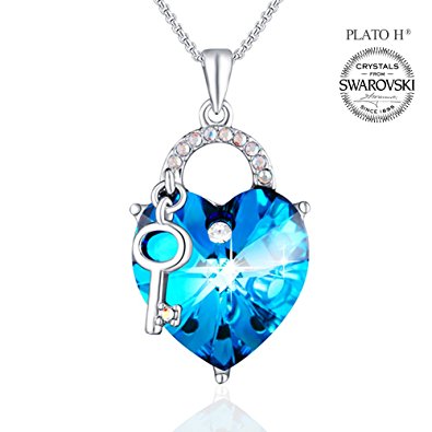 Lock Heart Necklace PLATO H "Lock and Key" Heart Necklace with Swarovski Crystal Heart Key Necklace Ocean Blue Heart Neckalce