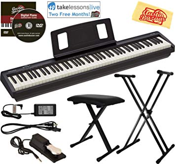 Roland FP-10 Digital Piano Bundle with Adjustable Stand, Bench, Sustain Pedal, Online Lessons, Instructional DVD, and Austin Bazaar Polishing Cloth