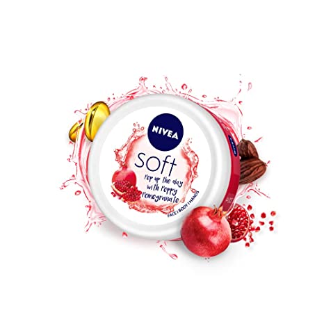 Nivea Soft Light Moisturizer Cream, Peppy Pomegranate, with Vitamin E & Jojoba Oil for Face, Hands and Body, 200 ml