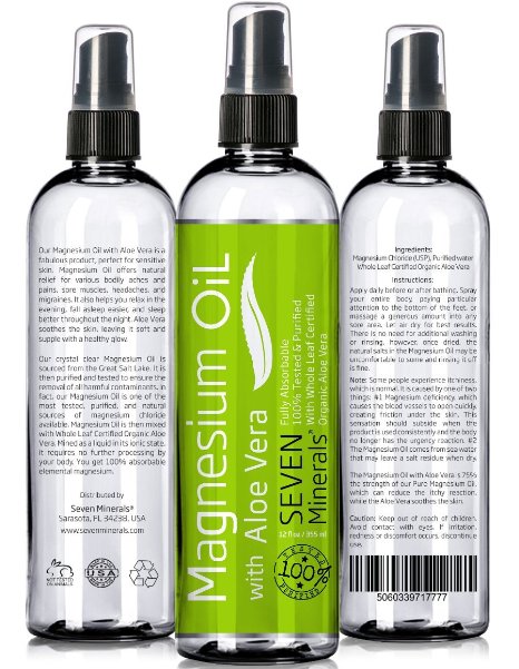 12oz Magnesium Oil with ALOE VERA - LESS ITCHY - Made in USA - FREE eBook - SEE RESULTS OR MONEY-BACK - Best Cure for Restless Legs, Leg Cramps, Sore Muscles. Get Healthy Hair & Skin and Sleep Better!