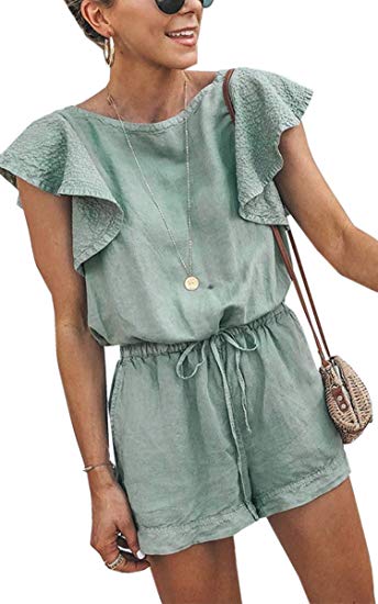 Angashion Women's Loose Casual Ruffle Cap Sleeve Short Jumpsuits Hollow Back Romper with Belt