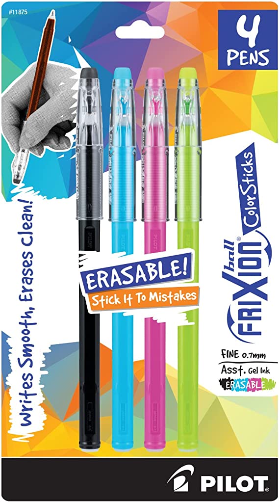 PILOT FriXion ColorSticks Erasable Gel Ink Stick Pens, 0.7mm Fine Point, Assorted Ink, 4 Count (11875)