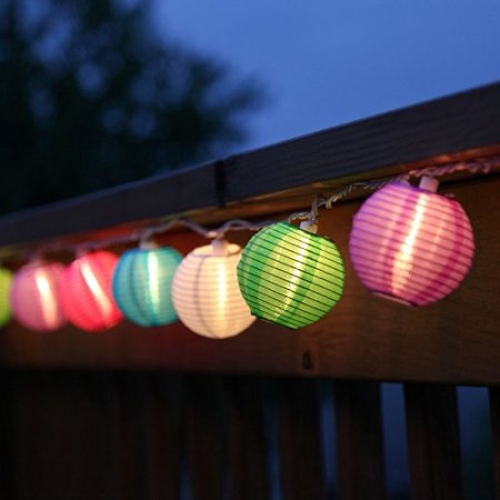 Set of 10 Multi Color Indoor/Outdoor Mini Oriental Style Nylon Lantern Plug-in String Lights - Expandable to 150 Lights
