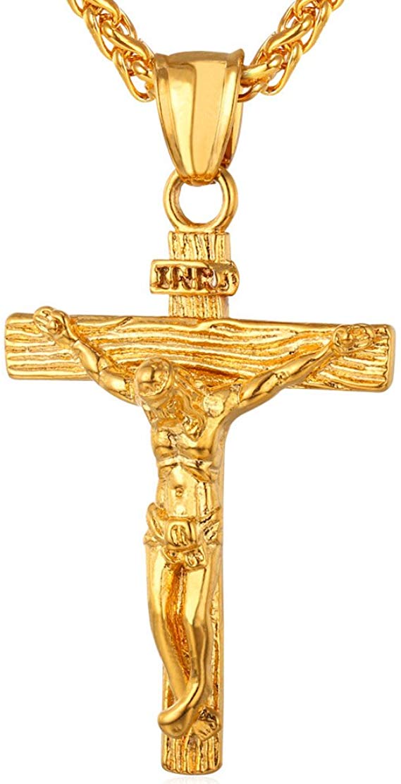U7 Men Crucifix Cross Pendant with Chain Baptism Christian Jewelry Stainless Steel/18K Gold/Rose Gold Jesus Necklace, Free Engraving & Send Gift Box