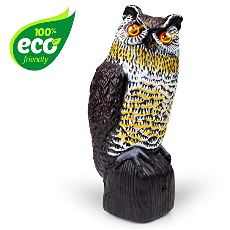 Owl Decoy Bird Deterrent - Scarecrow Fake Owls to Keep Birds Away and Bird Control Garden Owl w/ Solar Powered Owl Eyes and Noise to Scare Birds