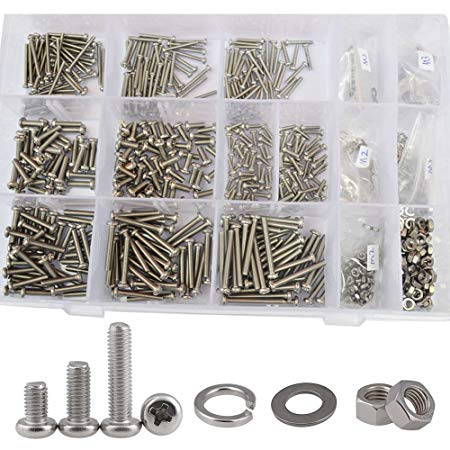 M2 M3 Pan Round Head Machine Screw Phillips Cross Round Metric Threaded Bolts Nuts Flat Lock Washer Standard Fastener Hardware Assortment Kit 304Stainless Steel,800Pcs