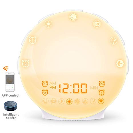 [2019 Upgraded] Smart Alarm Clock,COULAX Wake Up Light Sunrise Alarm Clock with Alexa Voice Control,Android iOS App Control,Four Alarm Clocks,20 Brightness Levels, 6 Nature Sounds, FM Radio,Snooze Function,Bedside Lamp with Colored Sunrise Simulation and Sunset Fading Night Light